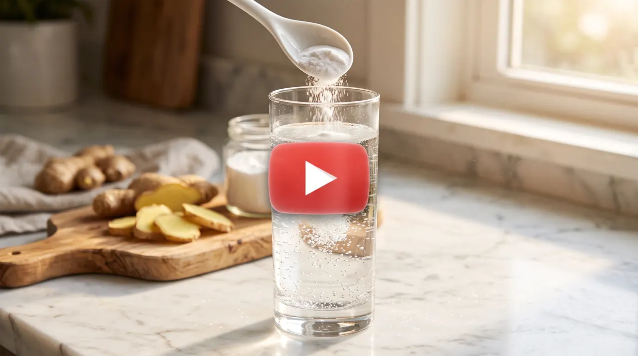Glass of water with baking soda and fresh ginger on a kitchen counter